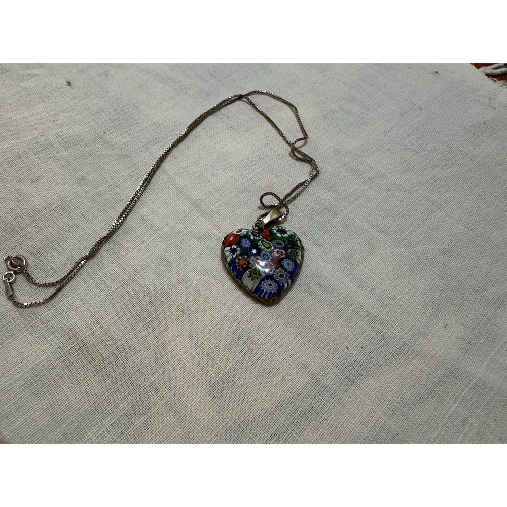 Vtg 925 Sterling Millefiori Glass Heart Pendant Necklace Italy 15" box chain
